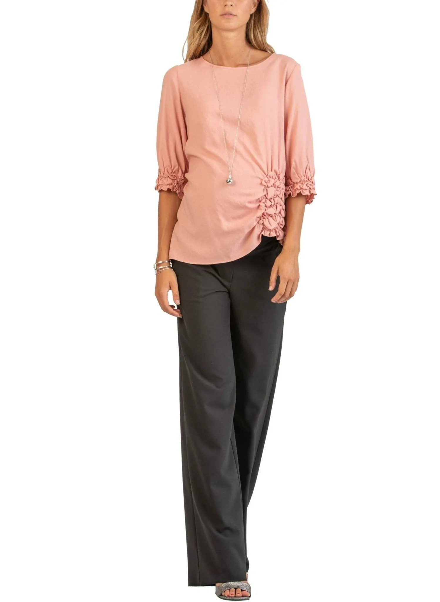 3/4 Sleeve Maternity Blouse with Ruffles - Pink