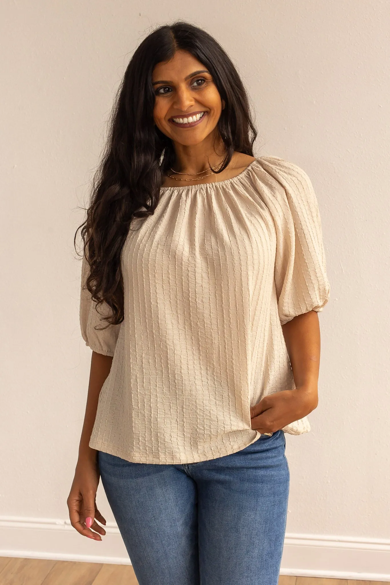 Beige Breeze Elegance Off the Shoulder Top