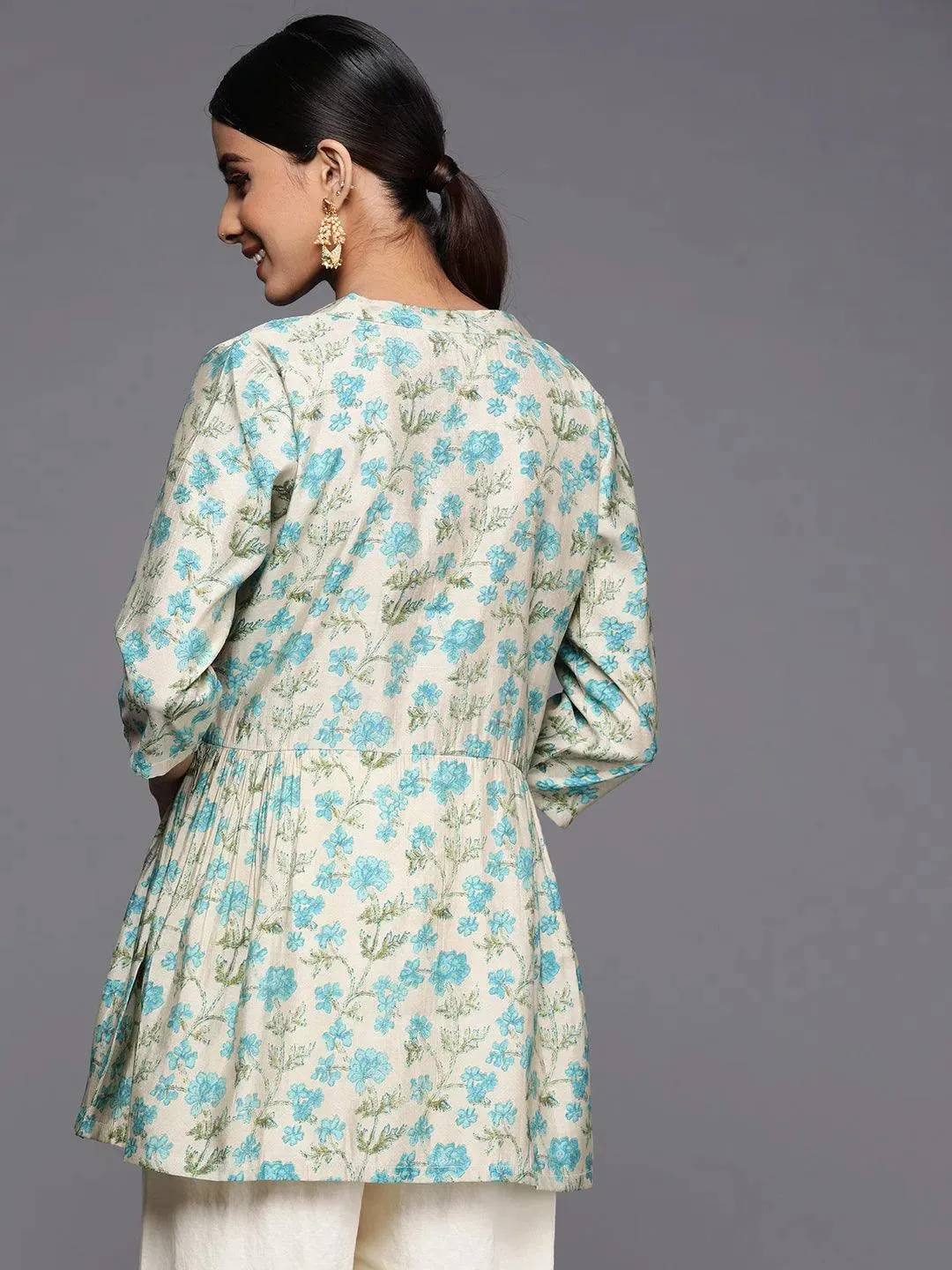 Beige Printed Silk Blend A-Line Kurti