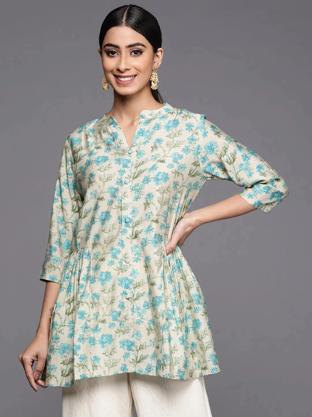 Beige Printed Silk Blend A-Line Kurti