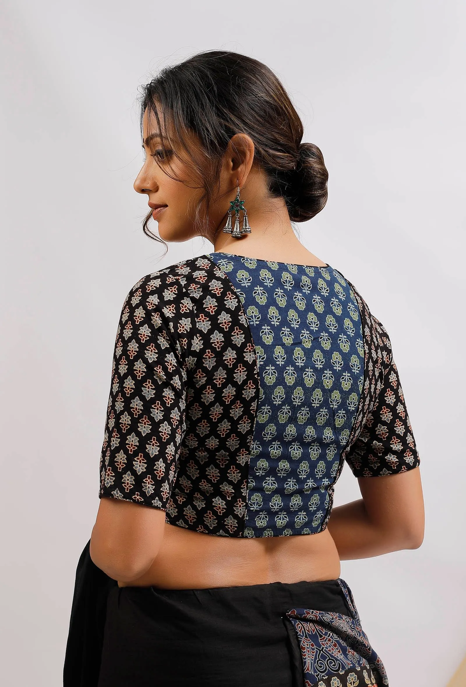 Black And Blue Ajrak Print Front Open Cotton Blouse