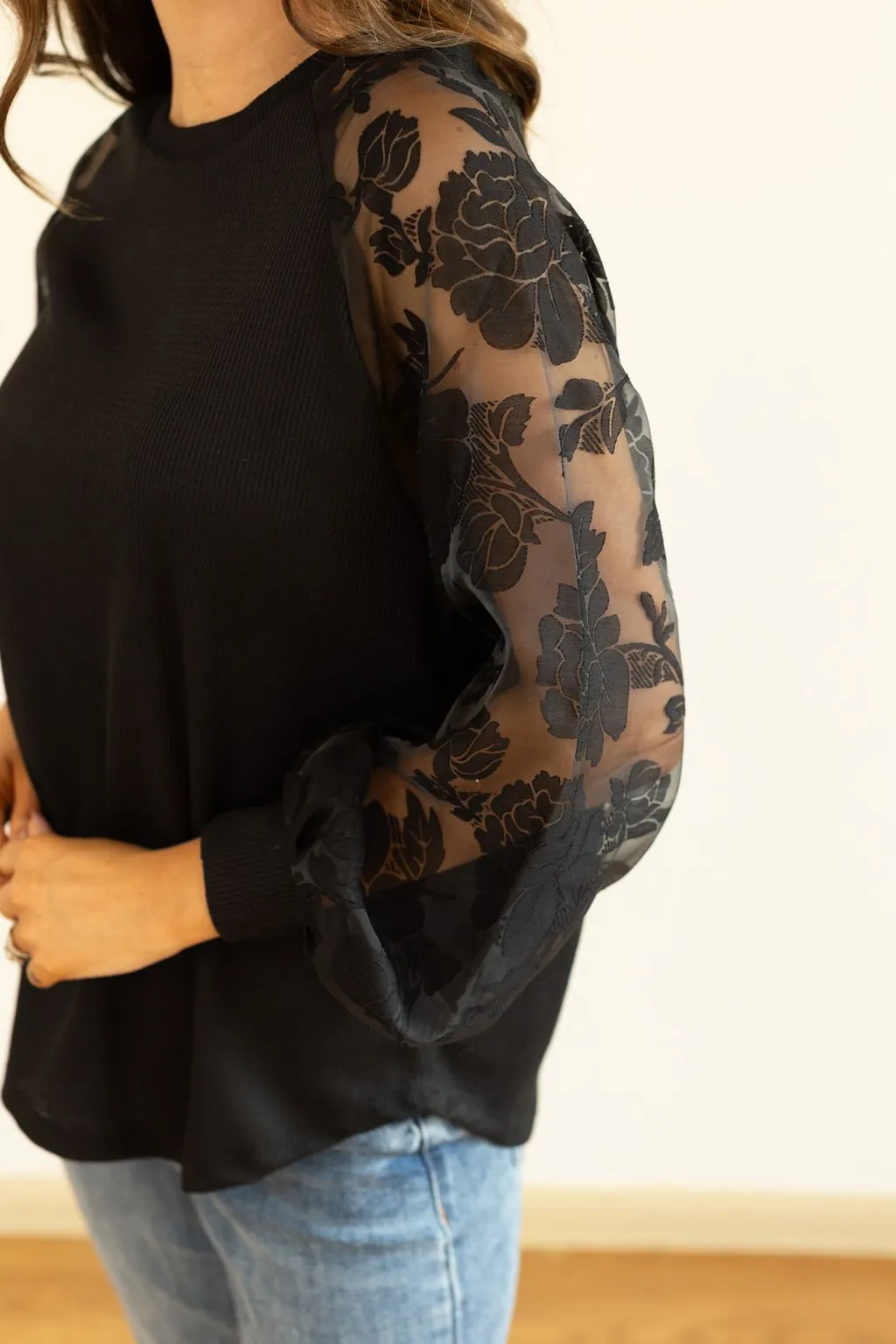 Black Top with Organza Sleeves