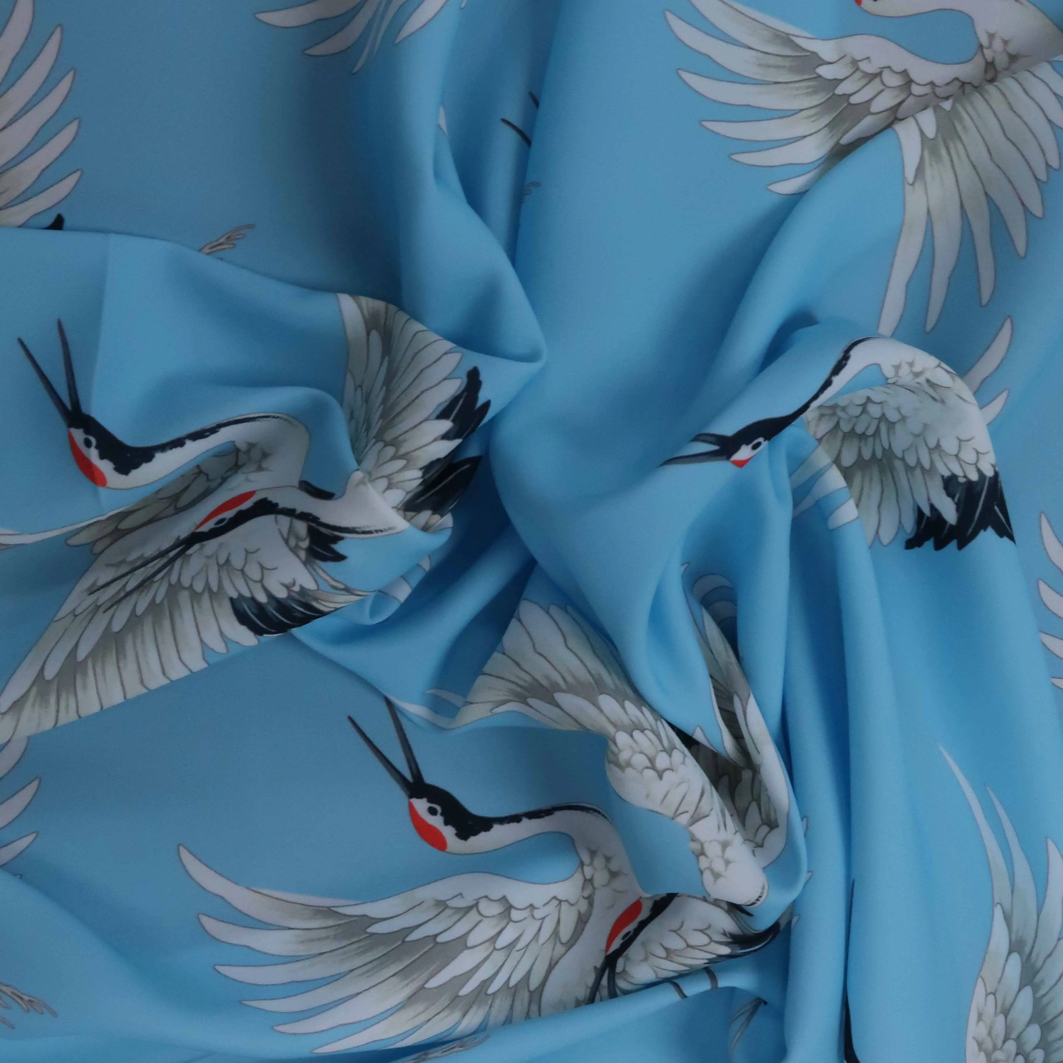 Blue and White Birds Crepe Printed Polyester