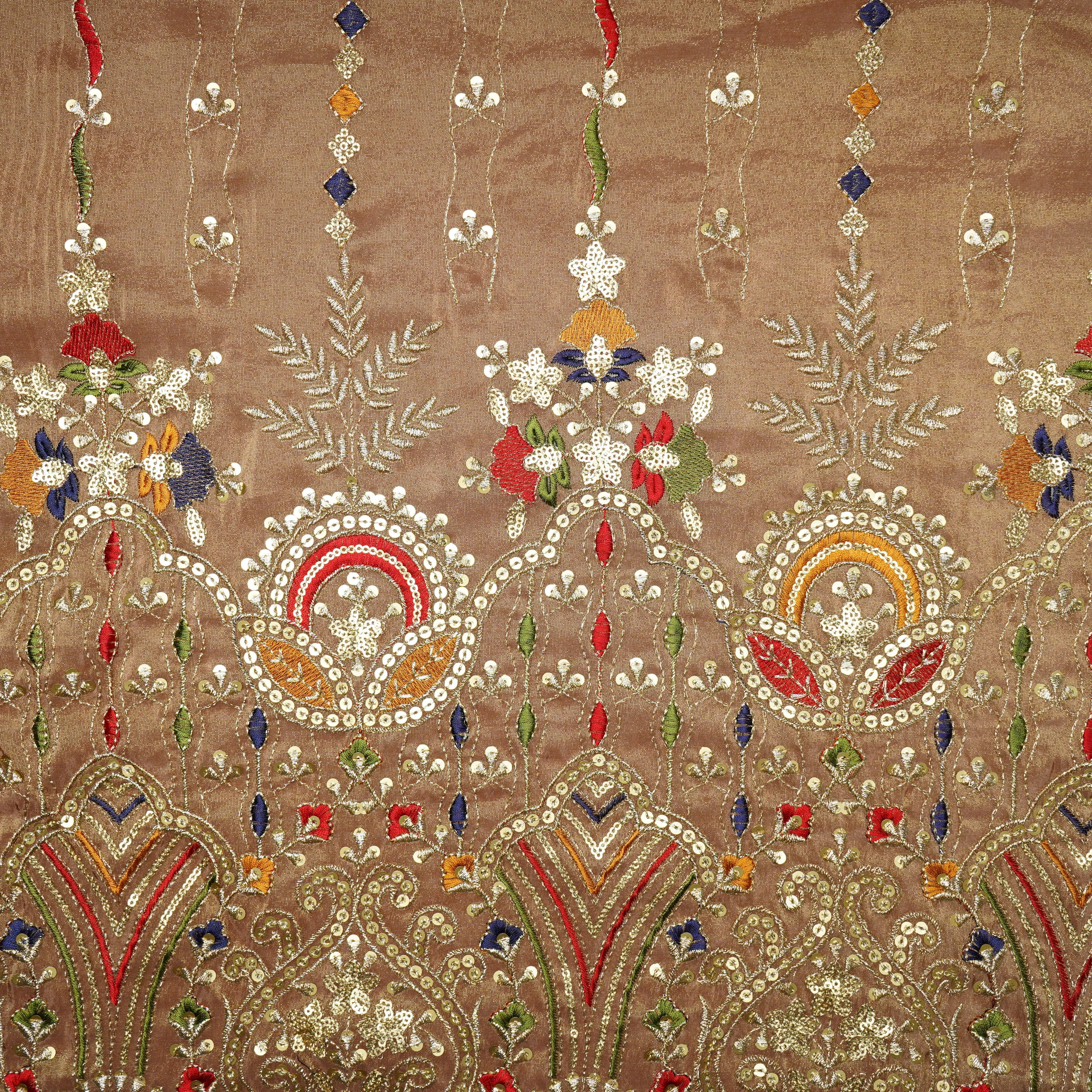 Brown Thread Embroidery Viscose Zari Tissue Fabric 19896