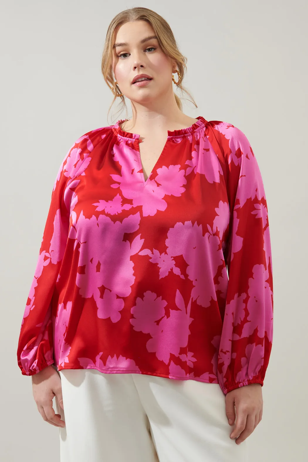 Burning Love Jovie Split Neck Satin Raglan Blouse Curve