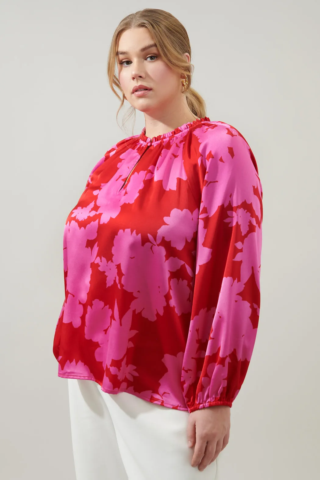 Burning Love Jovie Split Neck Satin Raglan Blouse Curve