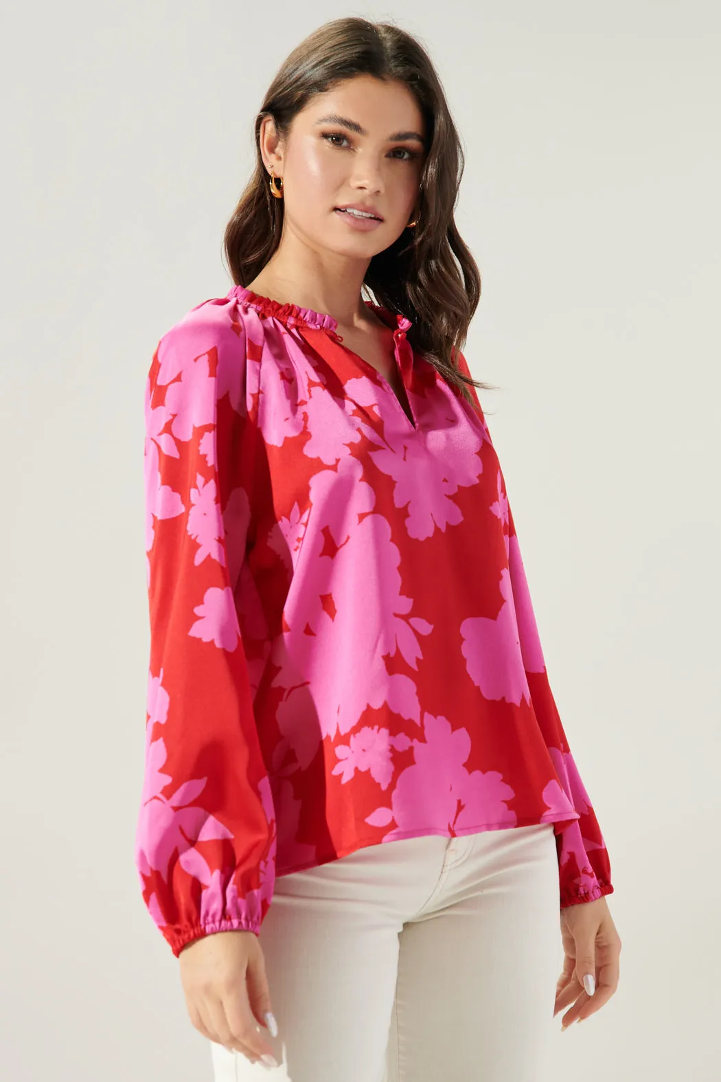 Burning Love Jovie Split Neck Satin Raglan Blouse