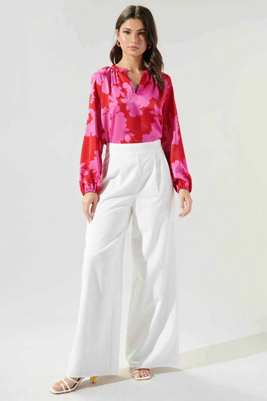 Burning Love Jovie Split Neck Satin Raglan Blouse