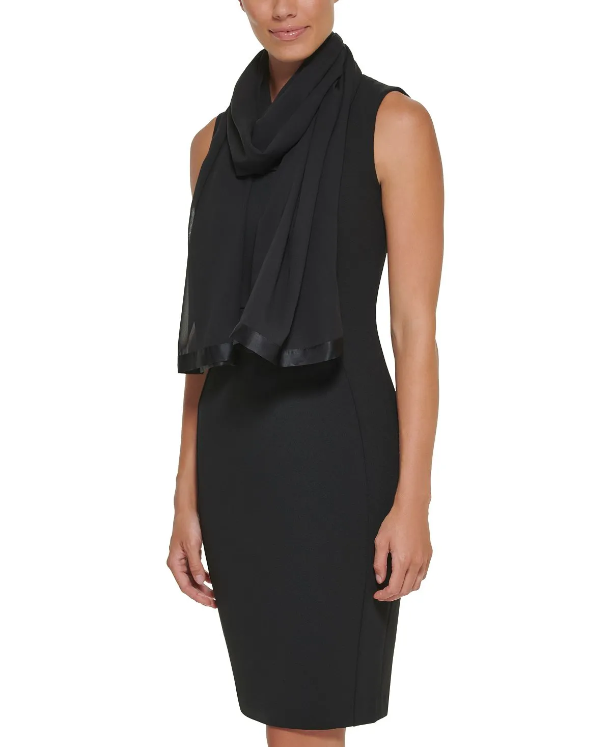 Calvin Klein Elegant Chiffon Satin Trim Evening Cape, Black