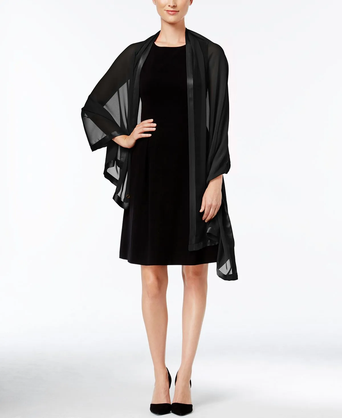 Calvin Klein Elegant Chiffon Satin Trim Evening Cape, Black