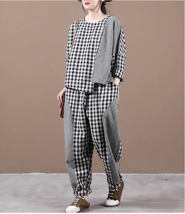 Checked Autumn  Women Summer Shirts And Loose Women Wide Legs Women SuitsQZ2005051