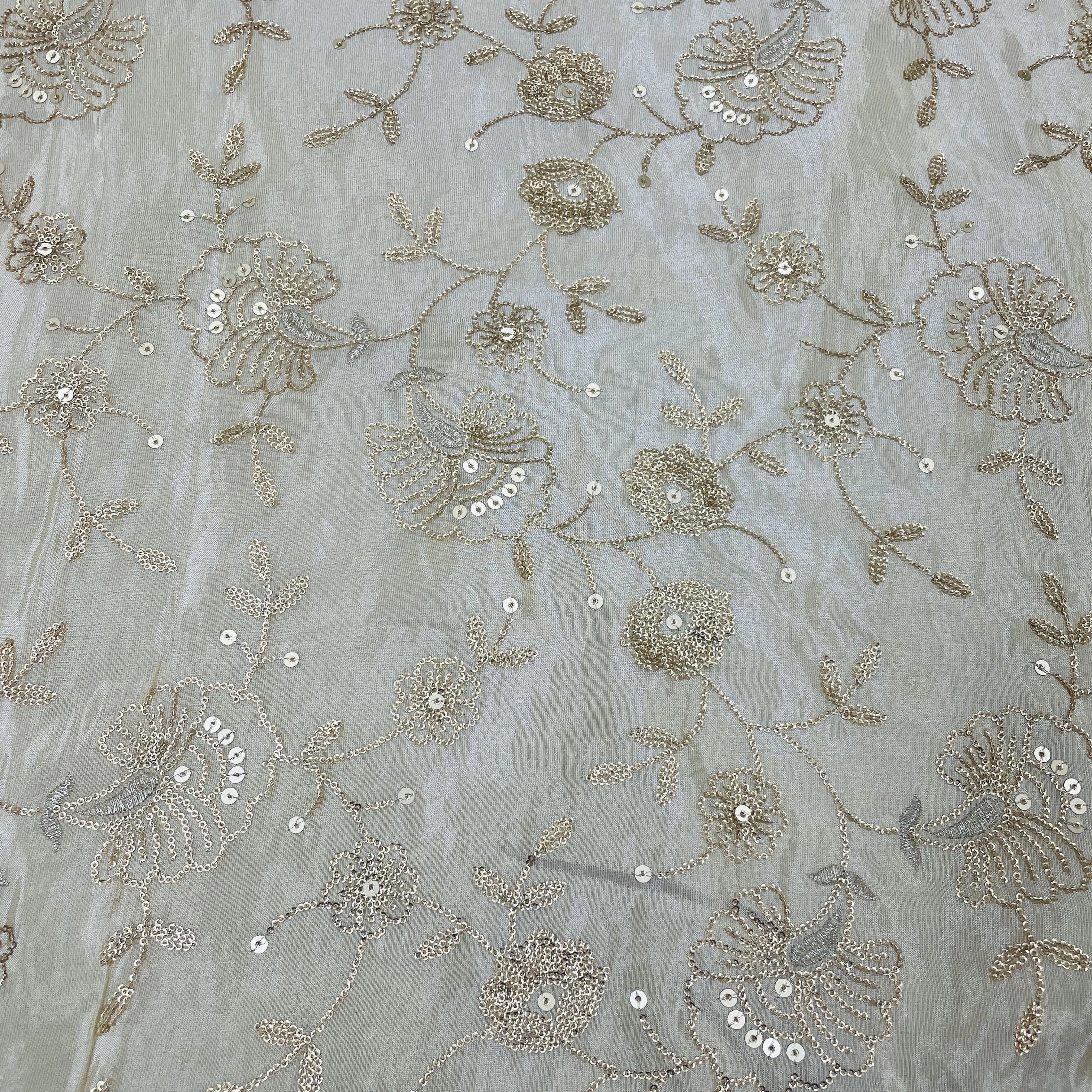 Classic Golden Floral Sequins Viscose Tissue Fabric