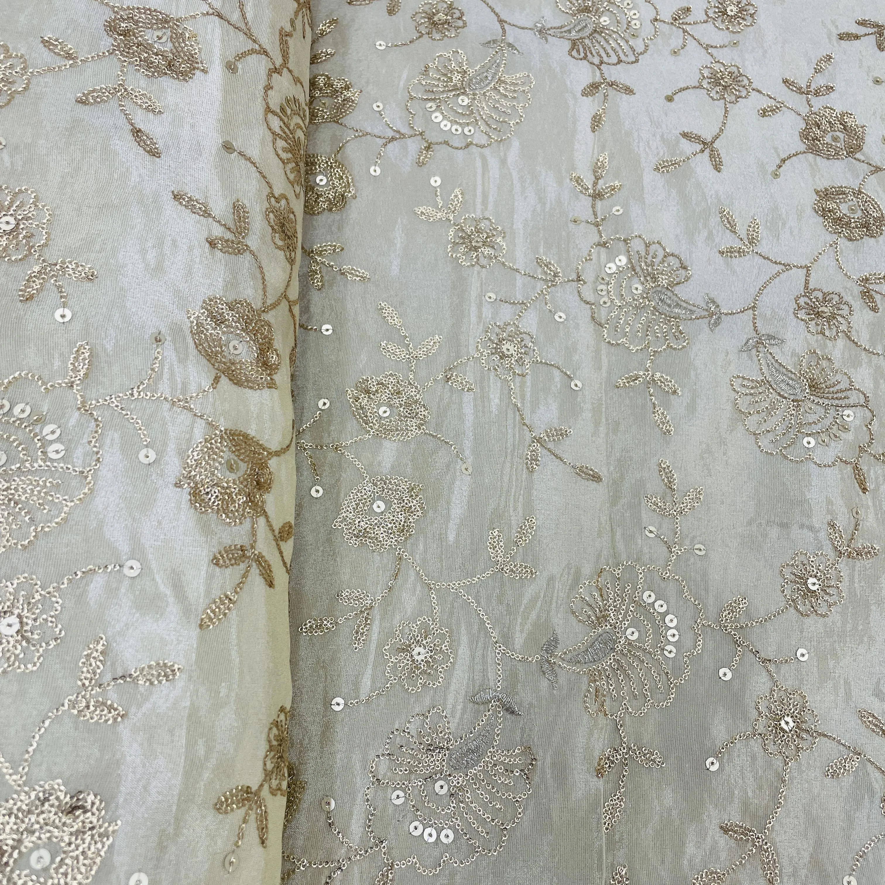 Classic Golden Floral Sequins Viscose Tissue Fabric