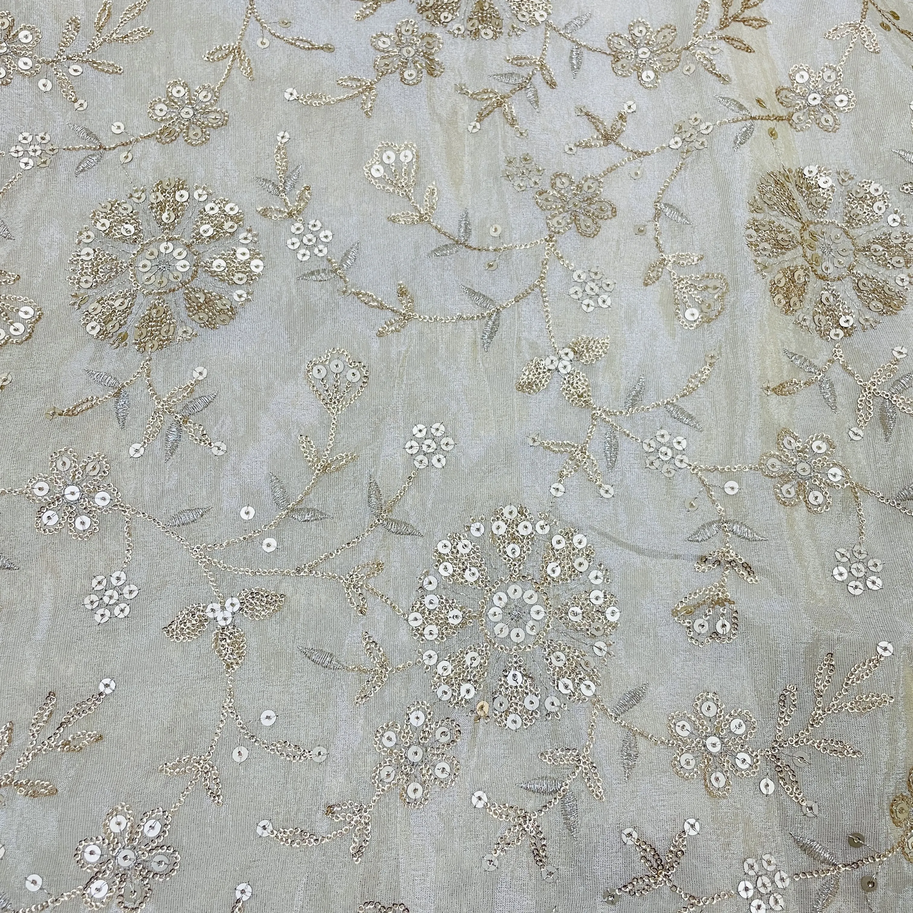 Classic Golden Floral Zari Sequins Viscose Tissue Fabric