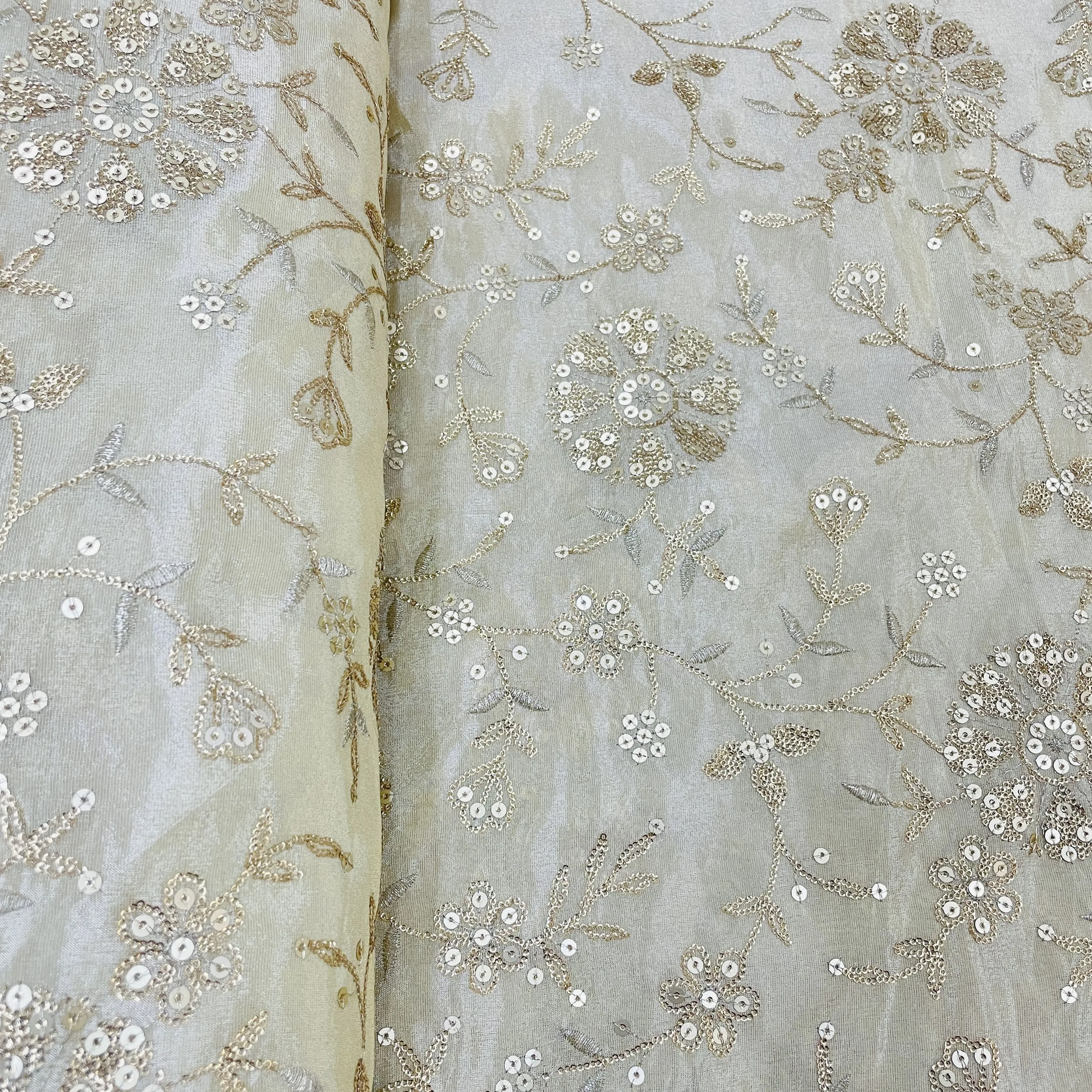 Classic Golden Floral Zari Sequins Viscose Tissue Fabric