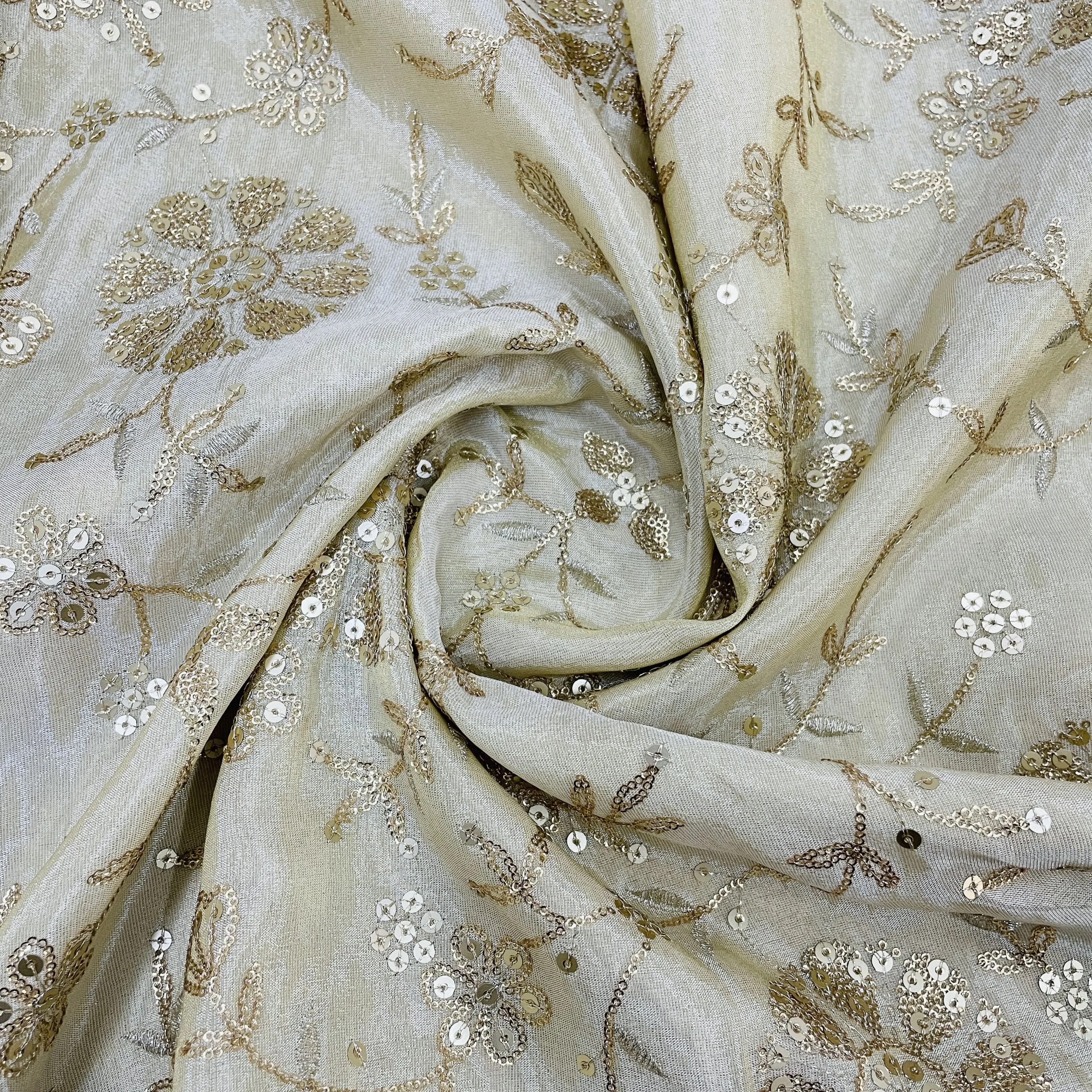 Classic Golden Floral Zari Sequins Viscose Tissue Fabric