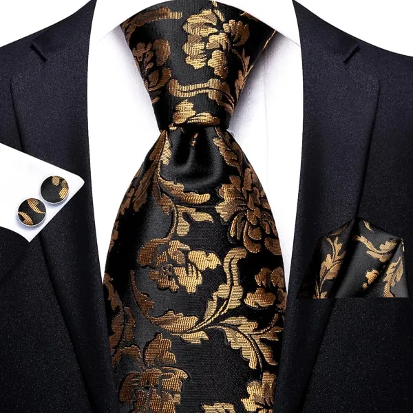 Classy Men Black Gold Floral Silk Tie