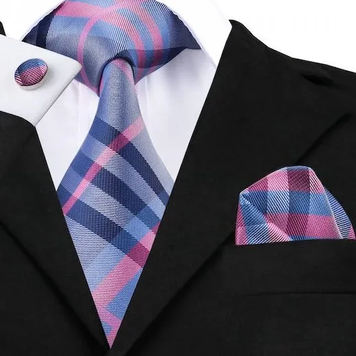 Classy Men Blue Pink Tartan Silk Tie