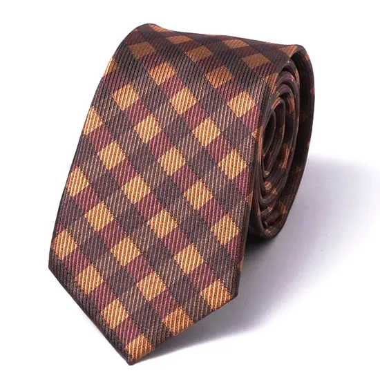 Classy Men Brown Gingham Silk Skinny Tie