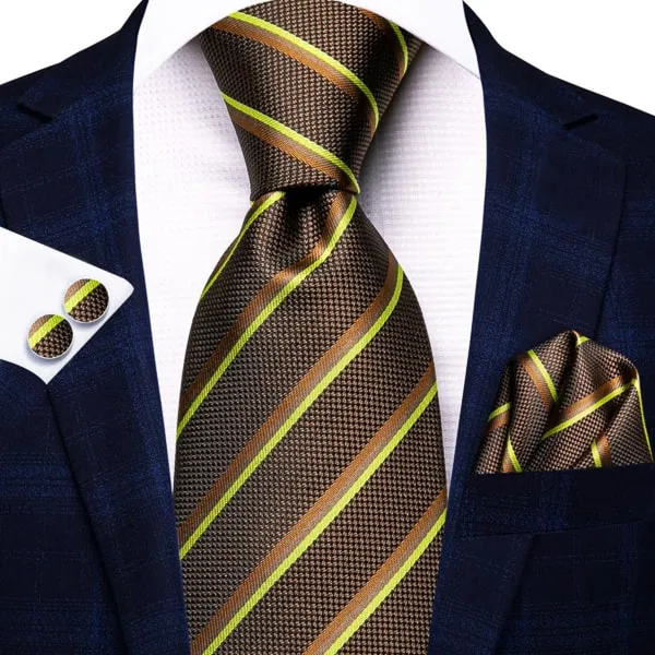 Classy Men Brown Yellow Striped Silk Tie