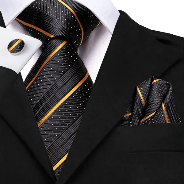 Classy Men Carbon Black Gold Striped Silk Tie