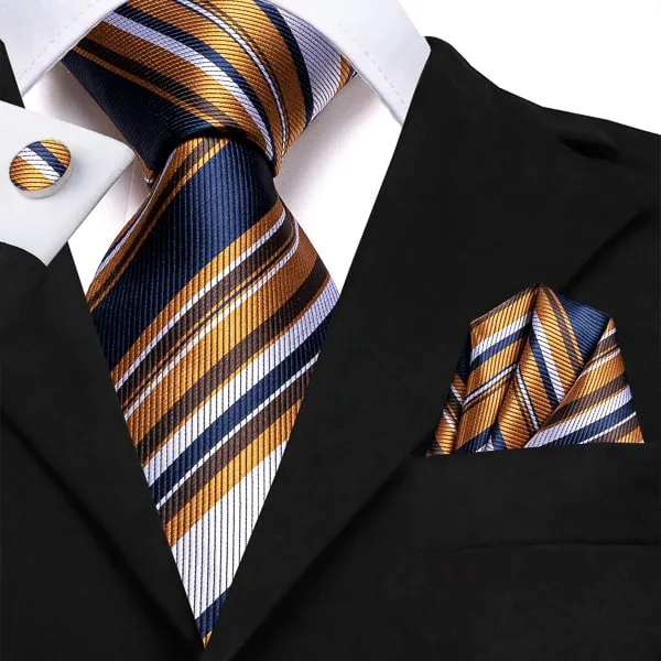 Classy Men Gold White Blue Striped Silk Tie