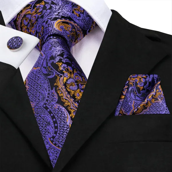 Classy Men Purple Gold Floral Silk Tie