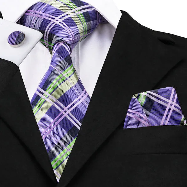 Classy Men Violet Green Tartan Silk Tie