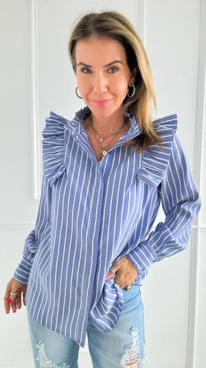 Coastal Ruffle Stripe Blouse Top