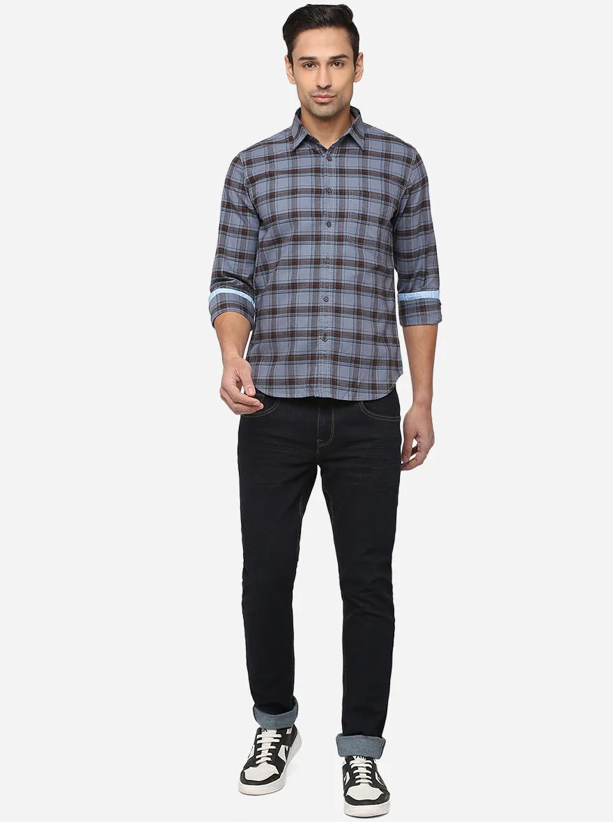 Copen Blue Checked Slim Fit Semi Casual Shirt | Greenfibre