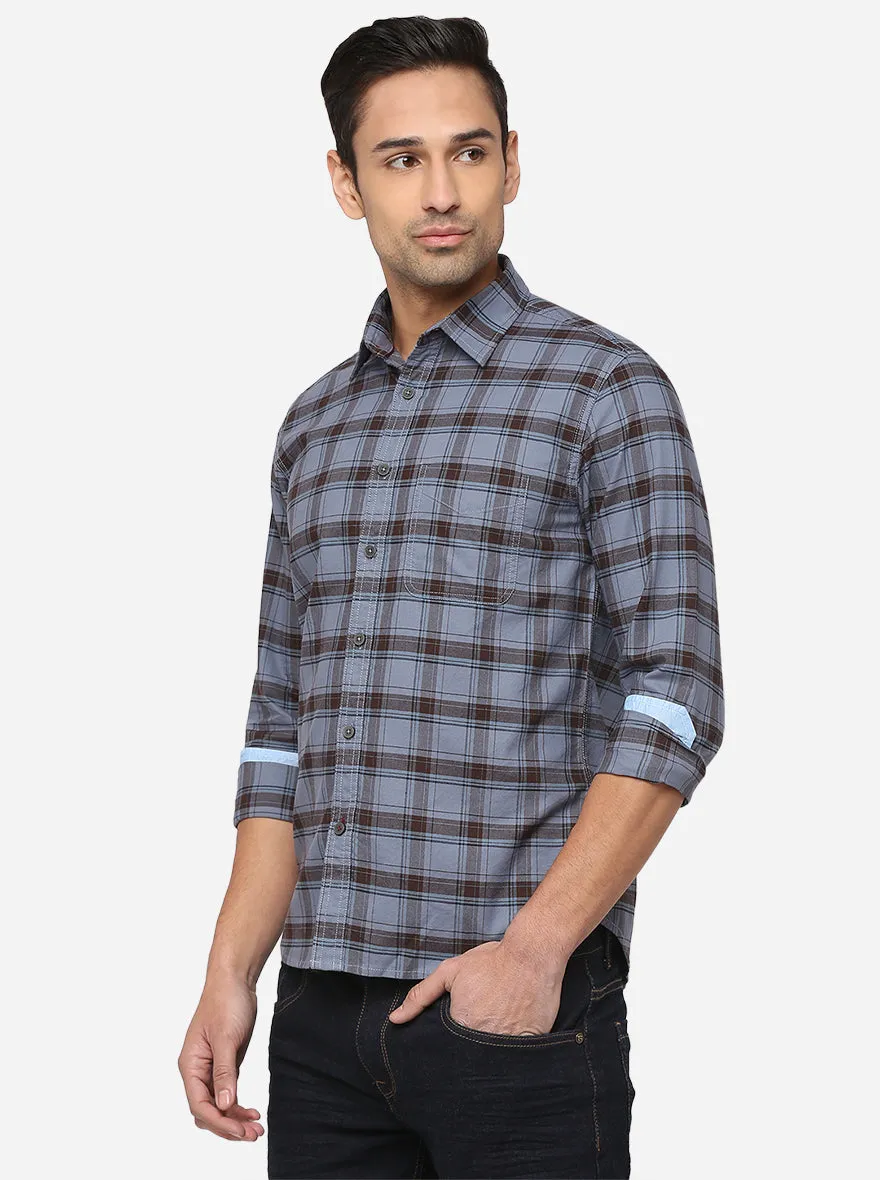 Copen Blue Checked Slim Fit Semi Casual Shirt | Greenfibre