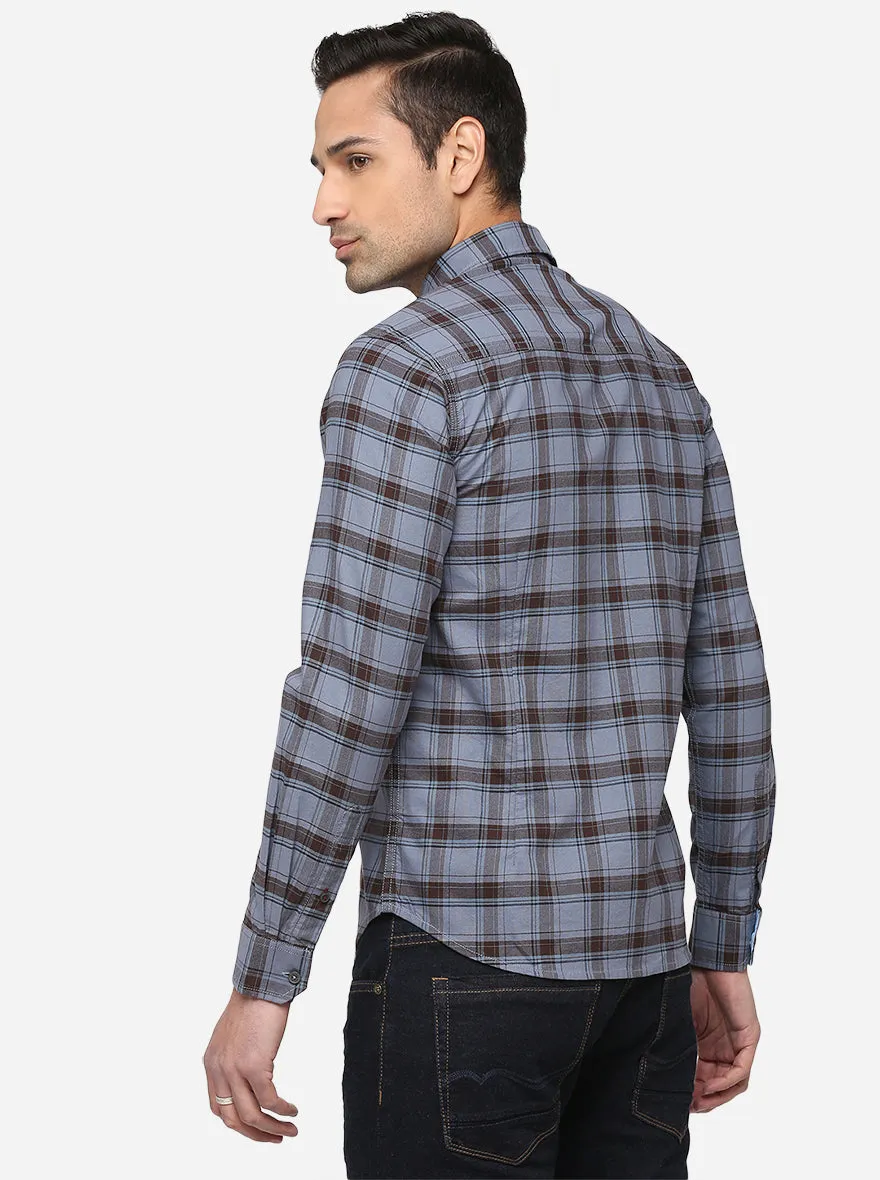 Copen Blue Checked Slim Fit Semi Casual Shirt | Greenfibre