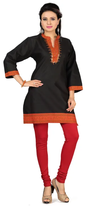 Cotton Indian Tunics Kurti Top Long Blouse Womens India Apparel (Black)