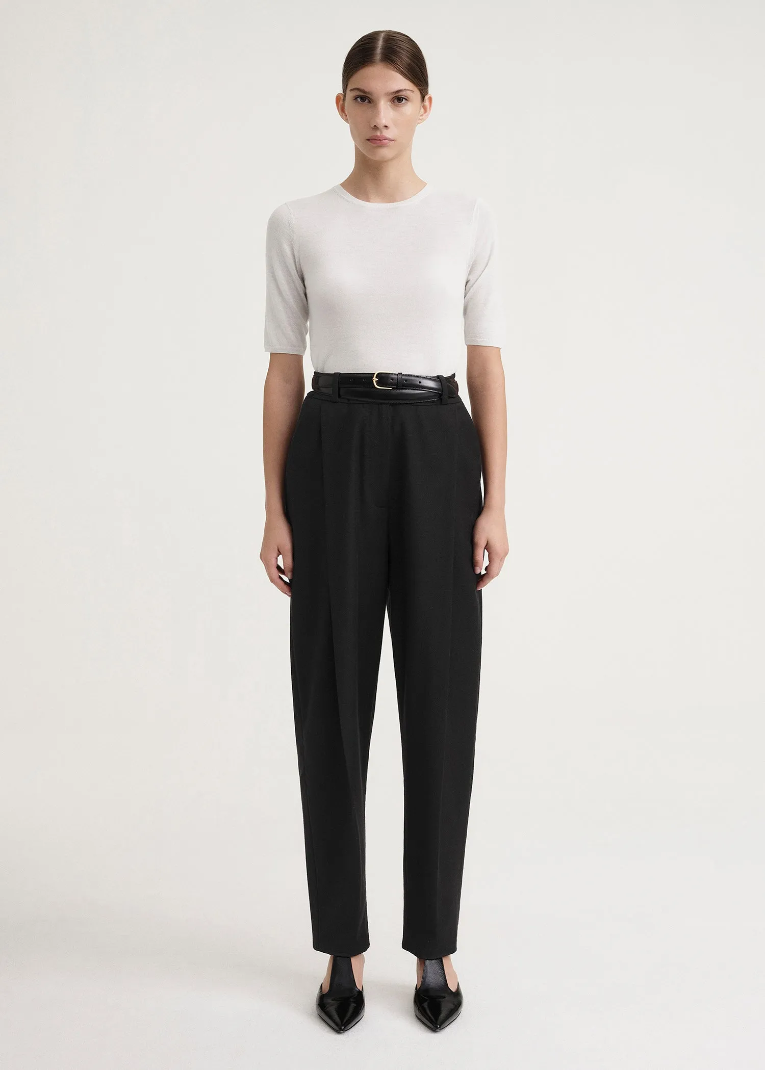 Deep pleat wool trousers black