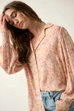 Delicate Dawn Floral Crepe Smocked-Cuff Top