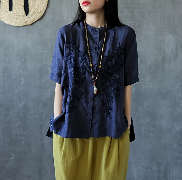 Embroidery Sleeve Summer Women Casual Blouse Cotton Linen Shirts  Women Tops DZA2005311