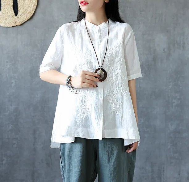 Embroidery Sleeve Summer Women Casual Blouse Cotton Linen Shirts  Women Tops DZA2005311