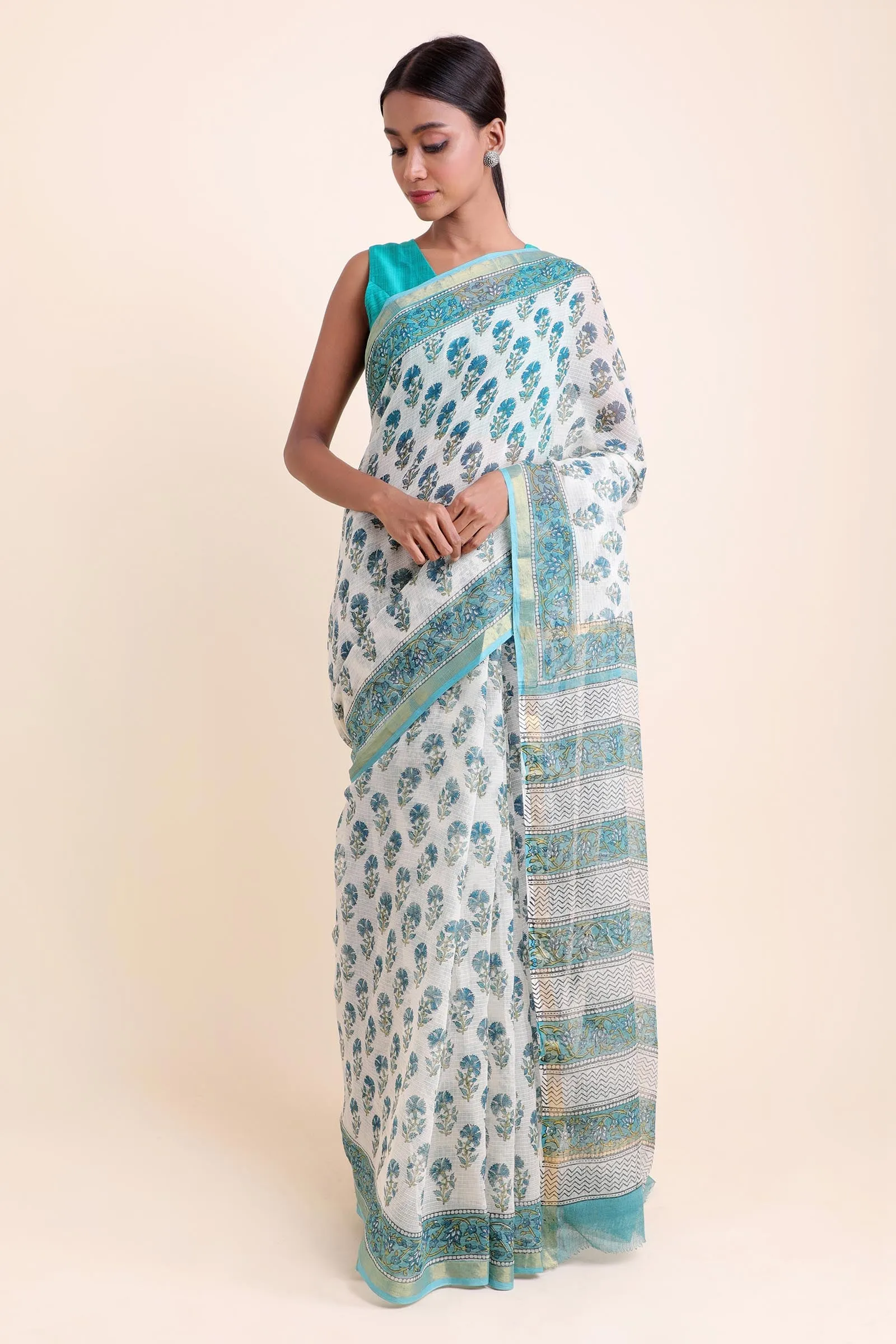 Gerbera Buti Kota Doria Handblock Saree