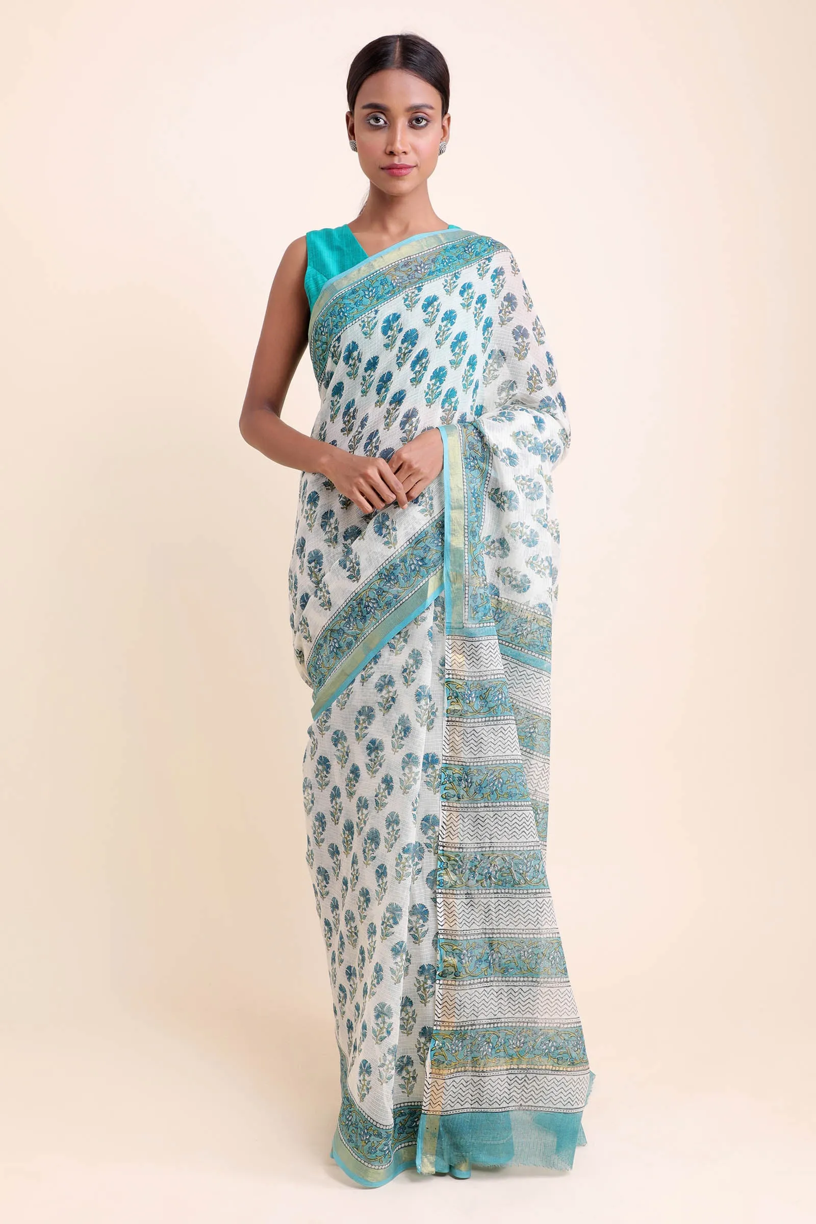 Gerbera Buti Kota Doria Handblock Saree