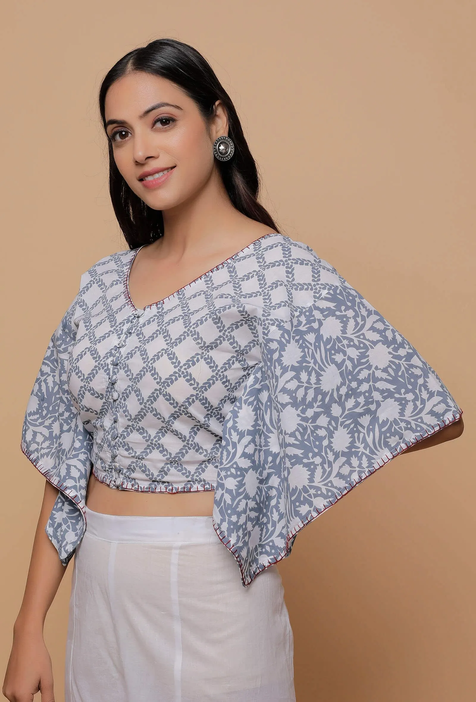 Grey And White Handblock Print Cotton V Neck Kaaftan Blouse