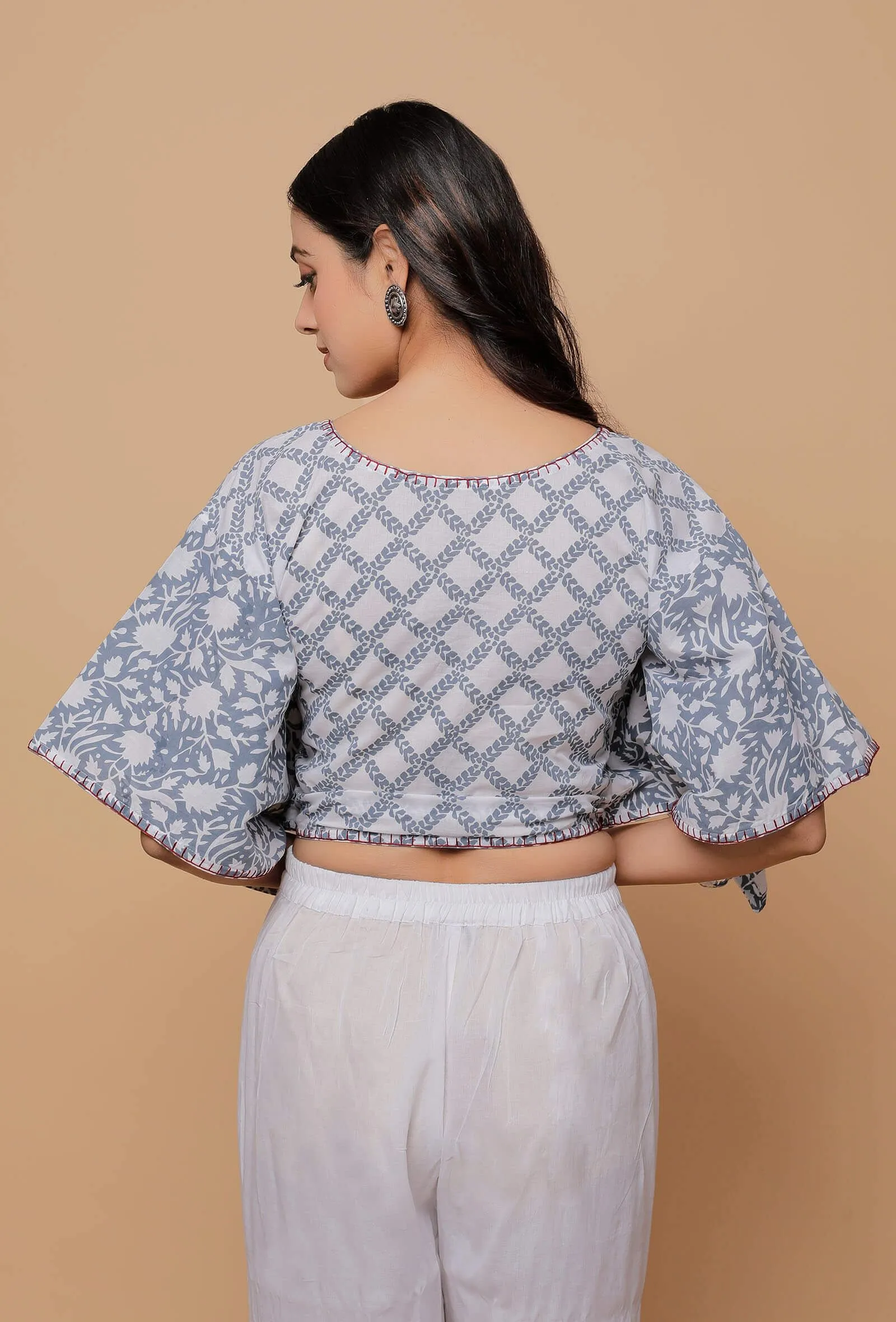 Grey And White Handblock Print Cotton V Neck Kaaftan Blouse