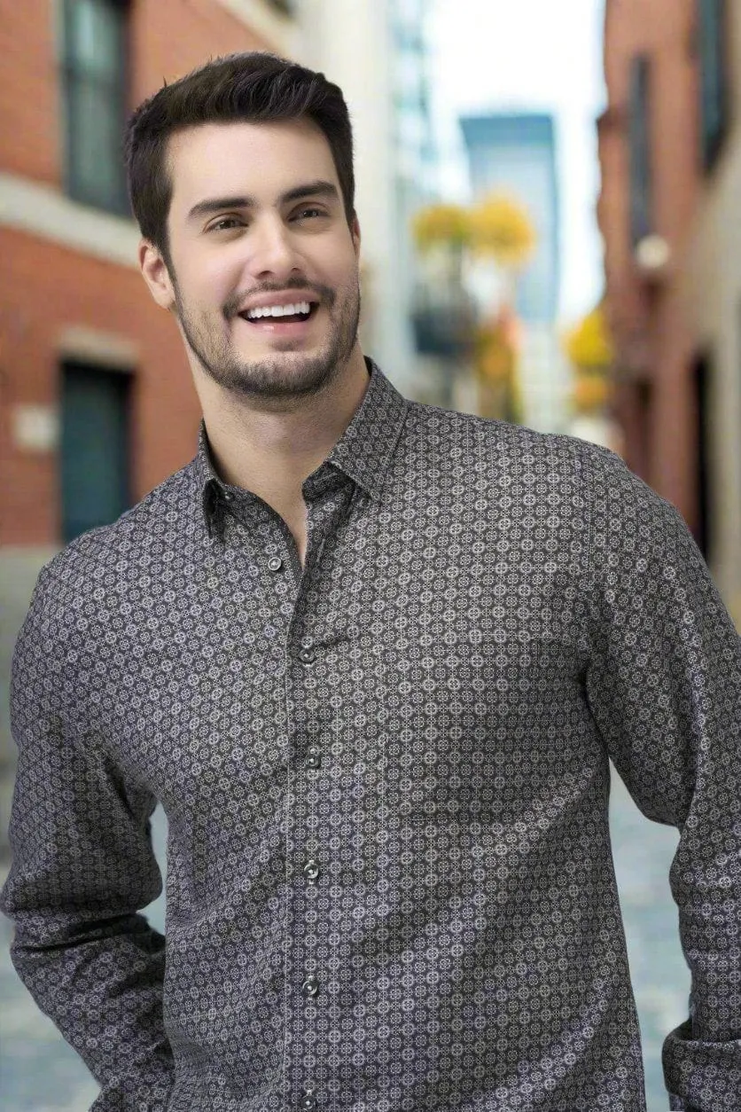 Grey Print Hidden Button Down Long Sleeve Sport Shirt