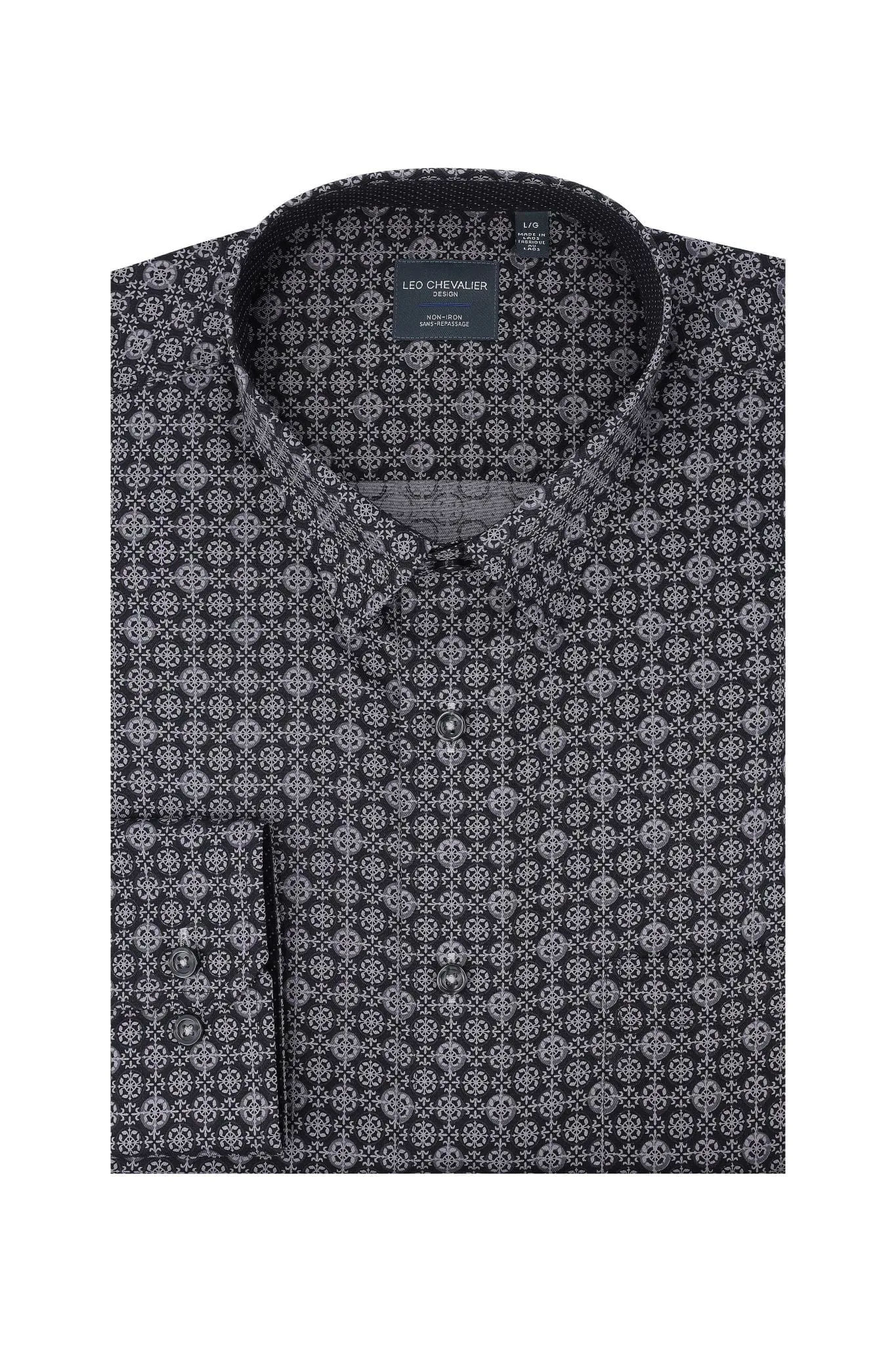 Grey Print Hidden Button Down Long Sleeve Sport Shirt