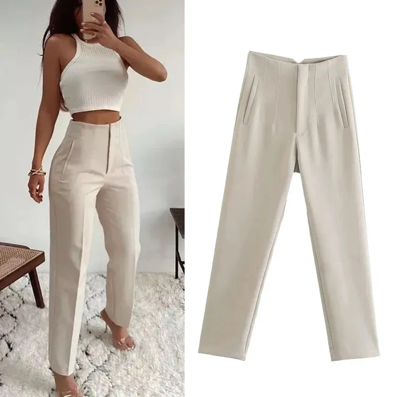 High Waist Formal Office Pants for Women - Slim Fit Pencil Trousers