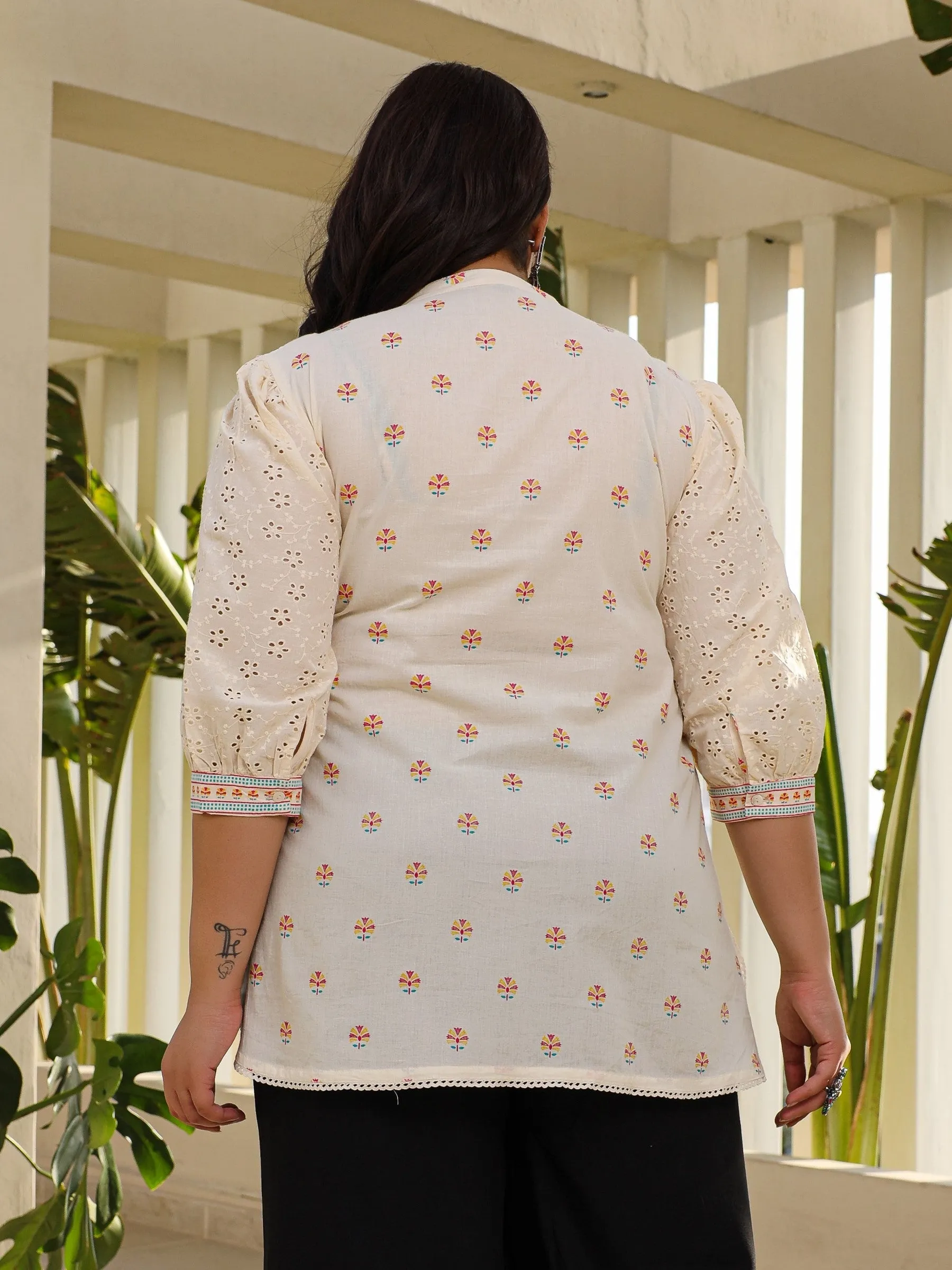 Juniper Off-White Ethnic Motif Printed Cotton Plus Size High-Low Tunic With Pintucks & Lace