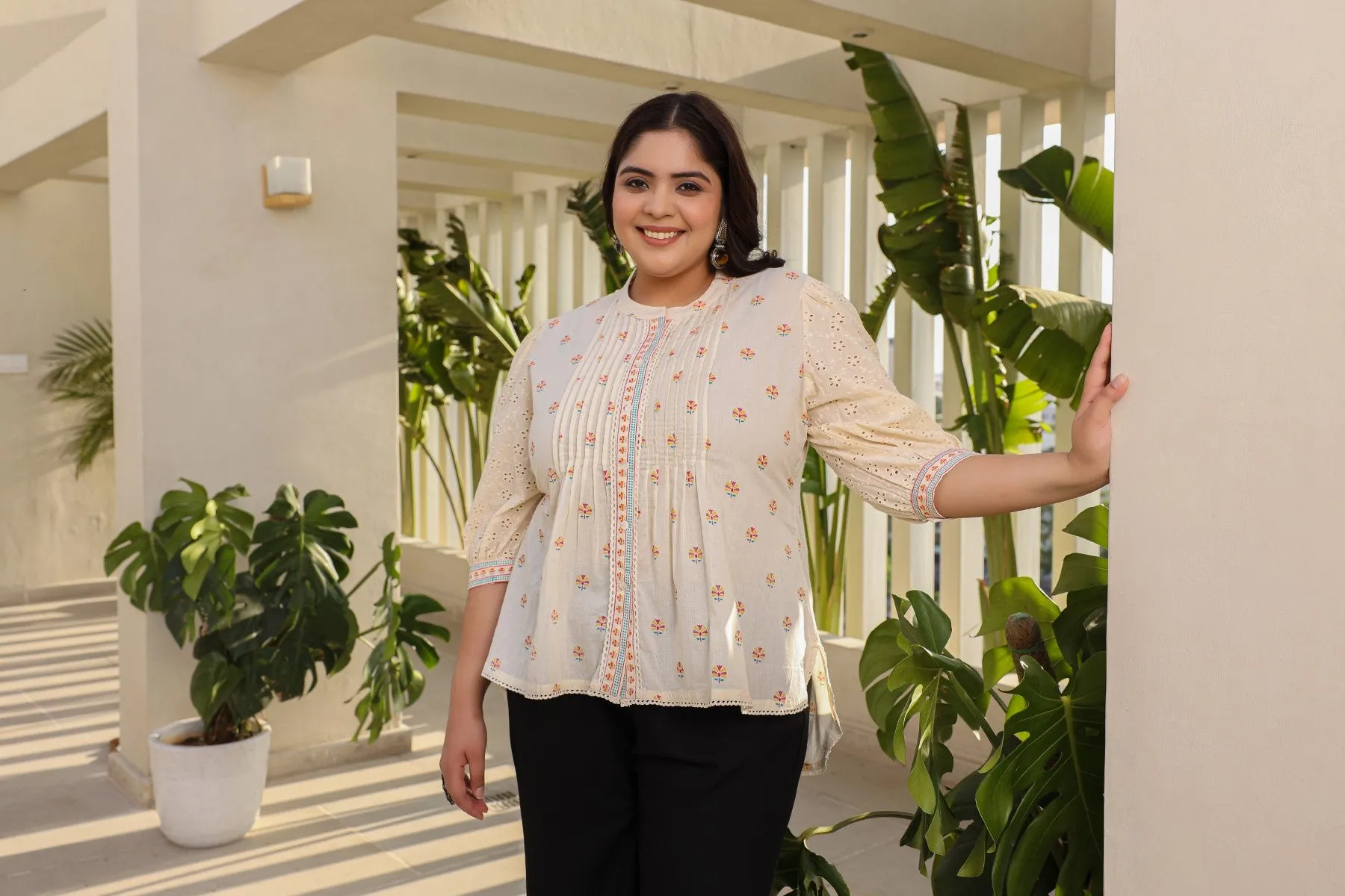 Juniper Off-White Ethnic Motif Printed Cotton Plus Size High-Low Tunic With Pintucks & Lace