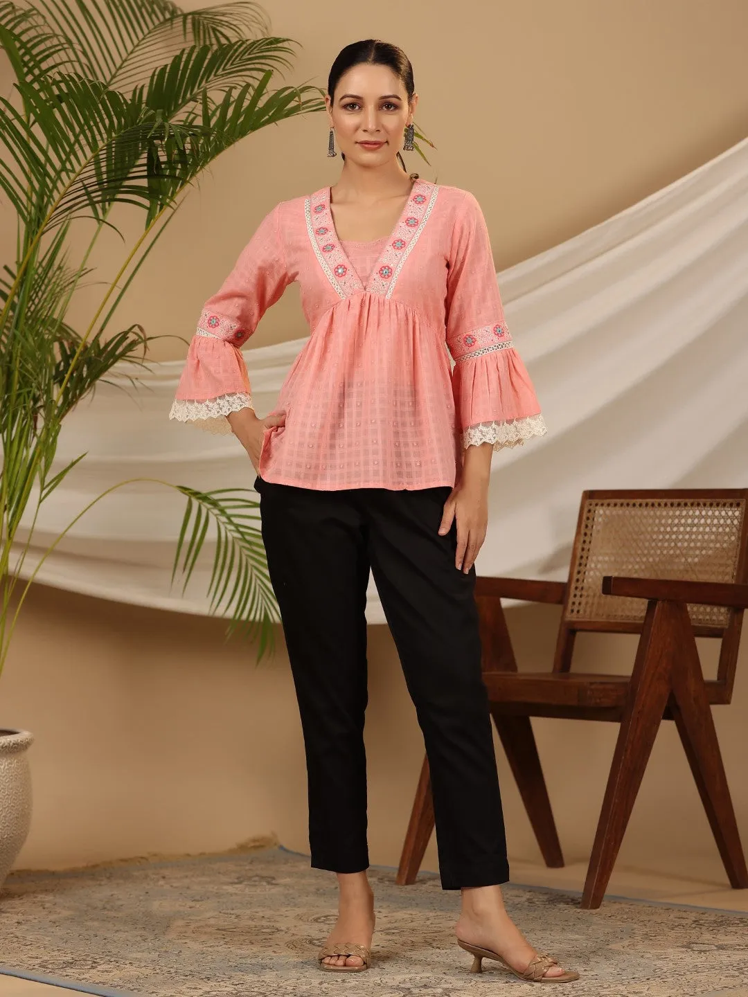 Juniper Peach Floral Embroidered Peplum Intricate Kantha Work Tunic With Lace