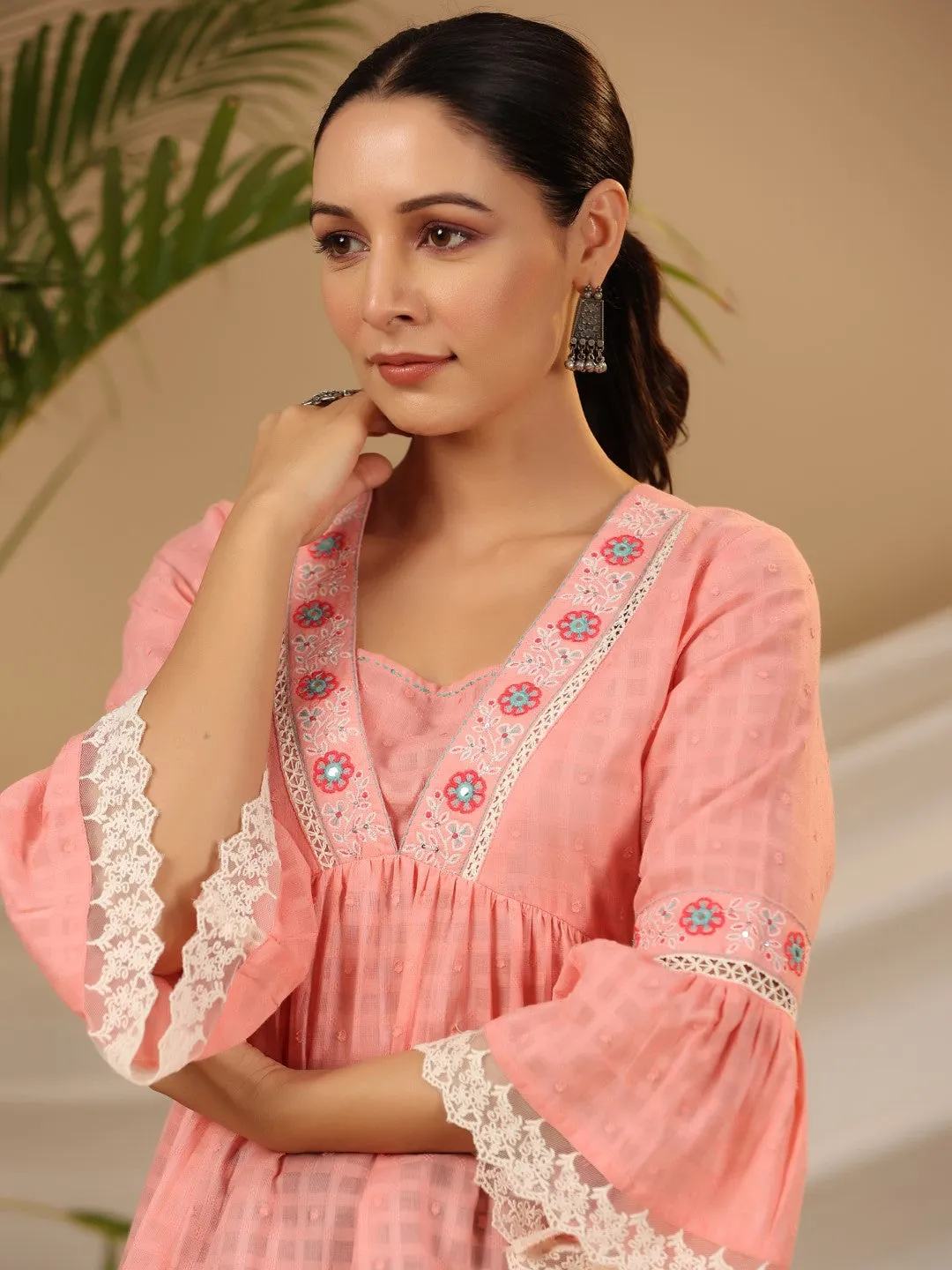 Juniper Peach Floral Embroidered Peplum Intricate Kantha Work Tunic With Lace