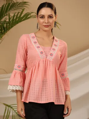 Juniper Peach Floral Embroidered Peplum Intricate Kantha Work Tunic With Lace