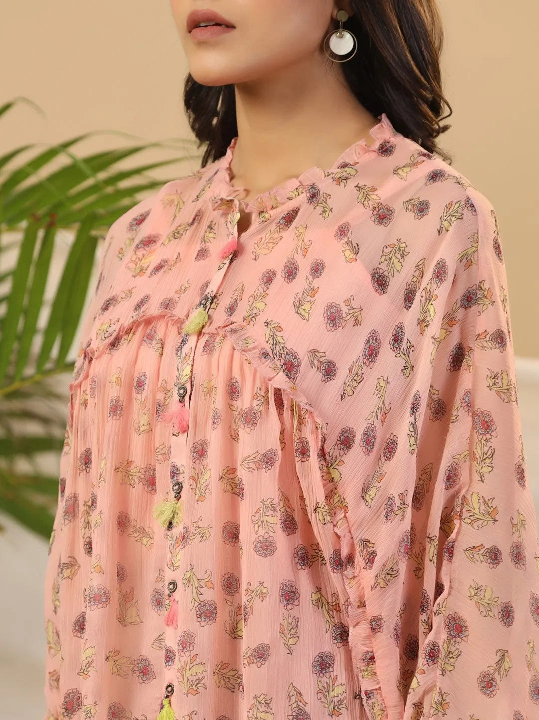 Juniper Peach Floral Printed Chiffon Tunic With Inner